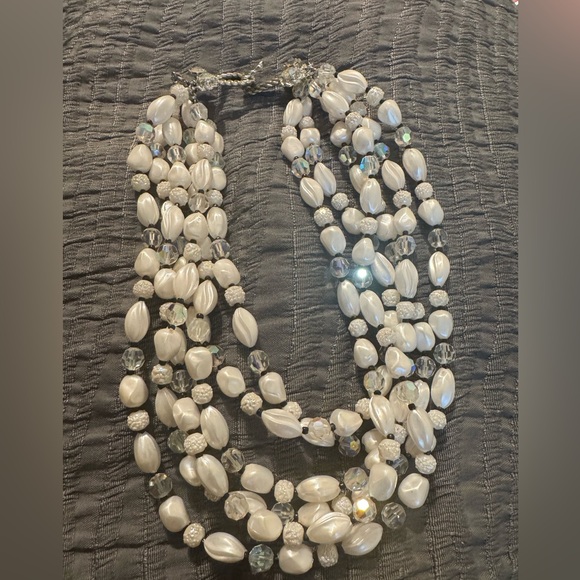 Vintage Vendôme 4-Strand White Pearlized & Crystal Bead Statement Necklace - Picture 4 of 14